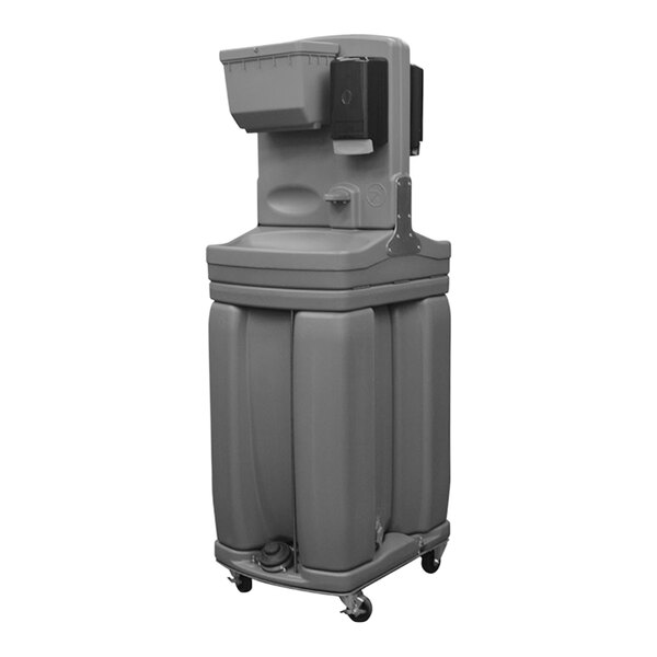 A grey plastic cart with black wheels and a black container.