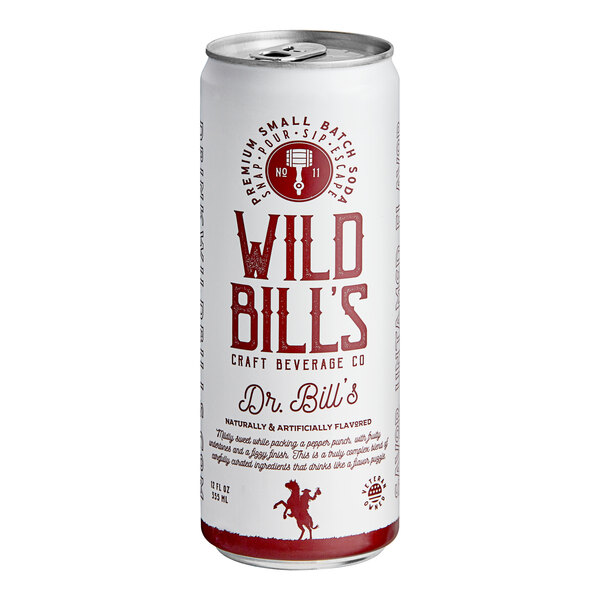A case of 12 Wild Bill's Dr. Bill's soda cans with red text on a white background.
