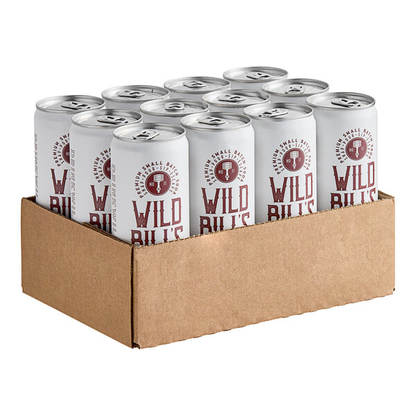 A white cardboard box with 12 Wild Bill's Dr. Bill's soda cans inside.
