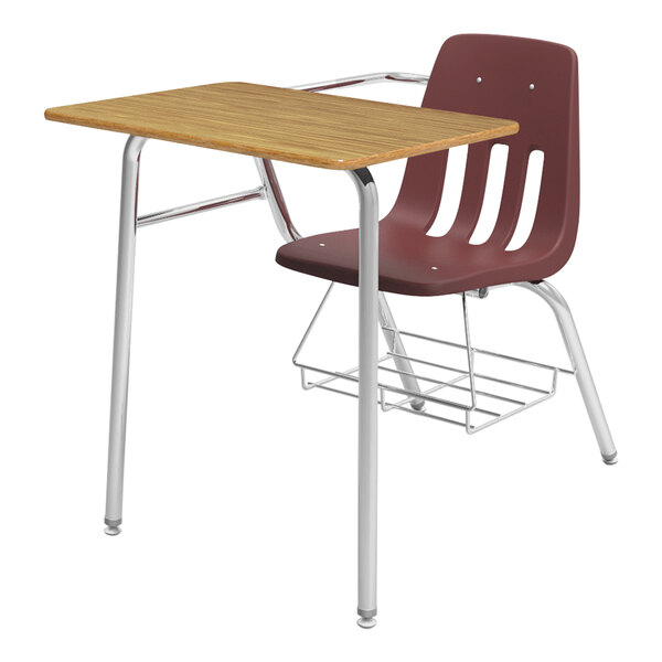 A Virco student desk and chair with a wine shell seat and underseat book rack.