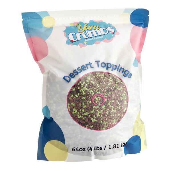 A bag of Yum Crumbs Mint Chocolate Crumb Topping with a pink circle on the label.