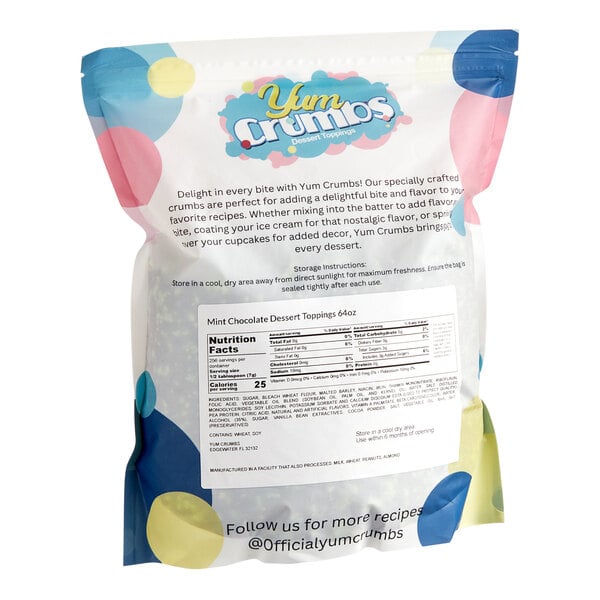 A bag of Yum Crumbs Mint Chocolate crumb topping with a label on it.