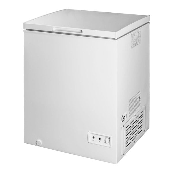 A white rectangular Danby chest freezer with a square top.