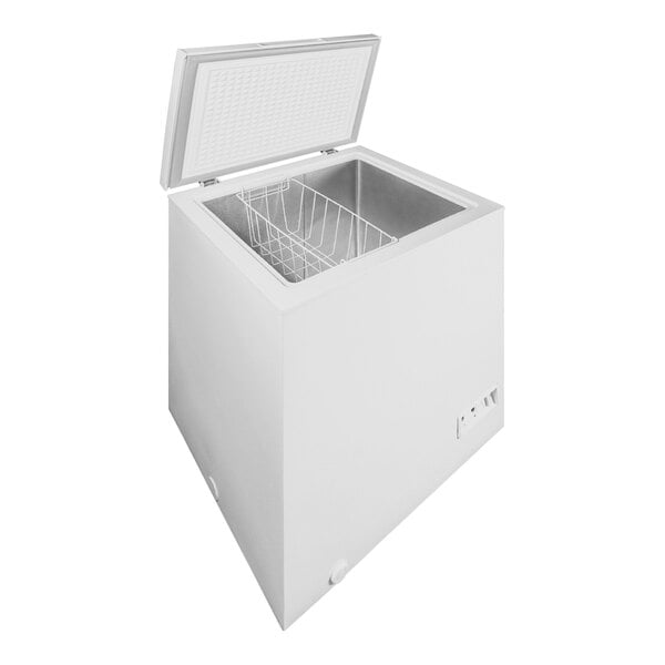 A white Danby chest freezer with the lid open.