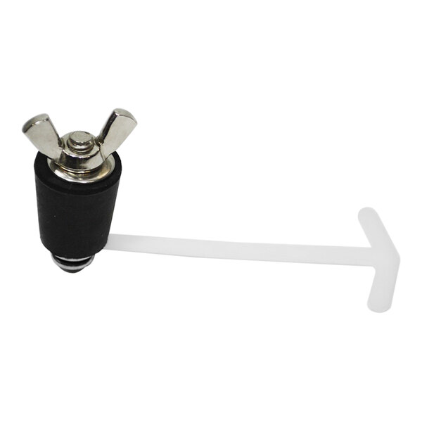 A black and silver Satellite Industries 3/4" Expanding Plug with a white tether.