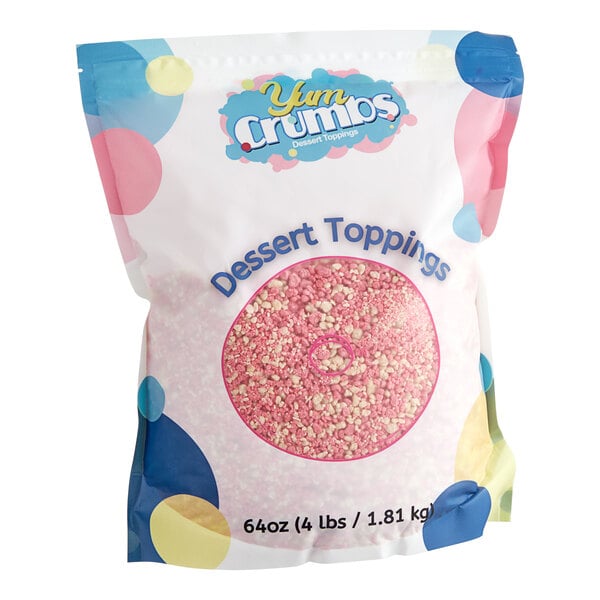 A bag of Yum Crumbs Strawberry Shortcake crumb topping with a pink and white label.