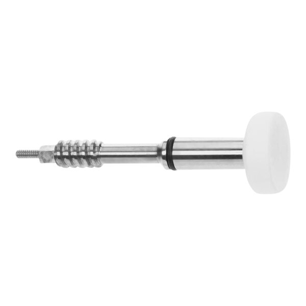 A metal and white Cleveland drain valve stem with a black knob.