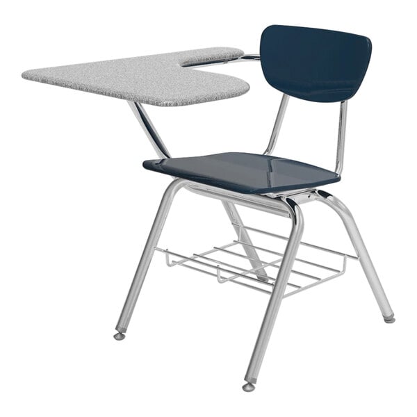 A blue and grey Virco student desk with a navy seat and right-hand tablet arm.