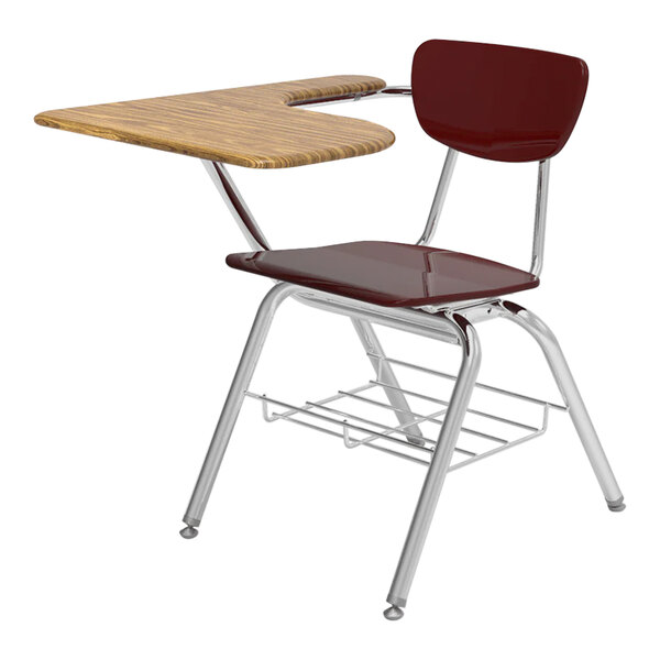 A Virco student desk chair with a wooden desk top and wine seat.
