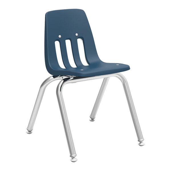 A navy blue Virco student chair with silver legs.