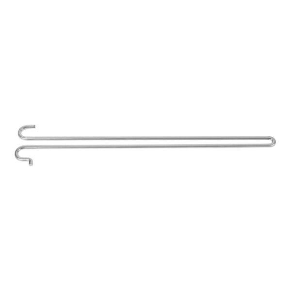 A long metal hook on a white background.