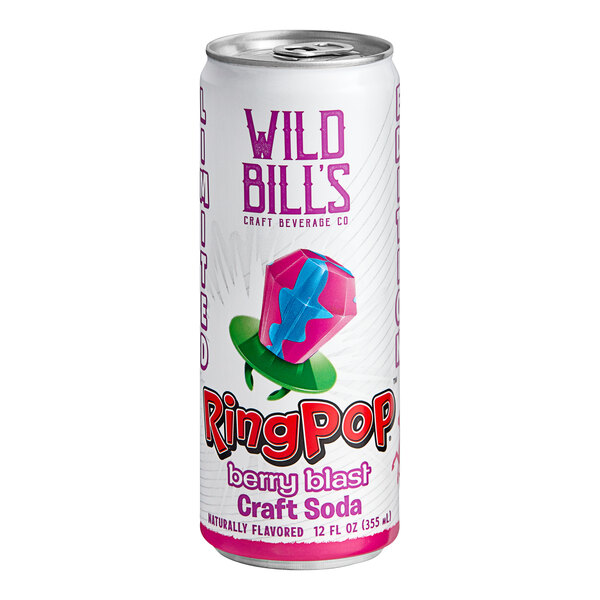 A can of Wild Bill's Ring Pop Berry Blast craft soda with a colorful ring hat on it.