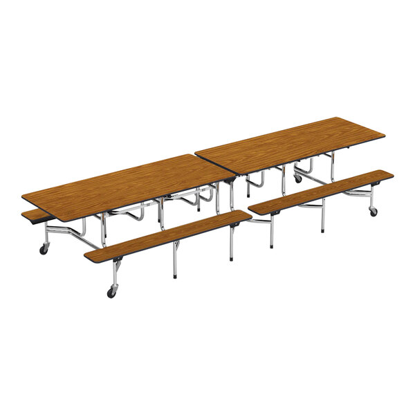 Two MTB Mobile Bench Cafeteria Tables with medium oak surfaces and attached benches.