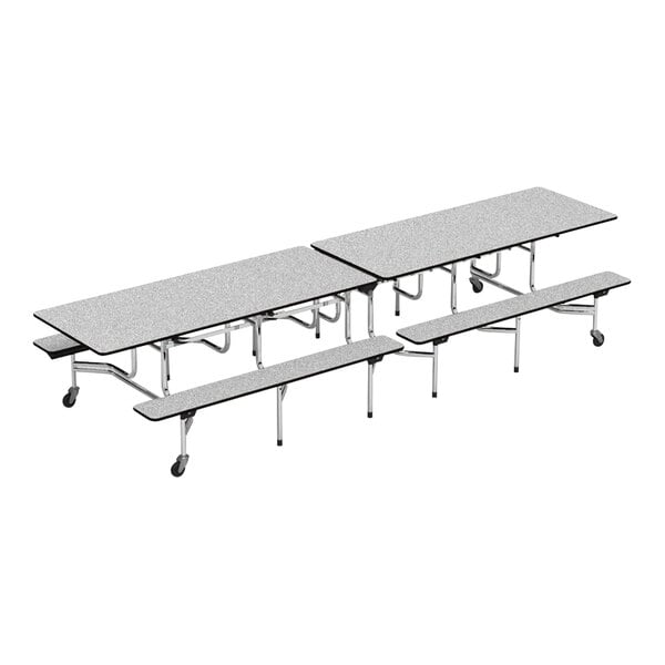 A grey rectangular Mobile Bench Cafeteria Table with grey benches on wheels.