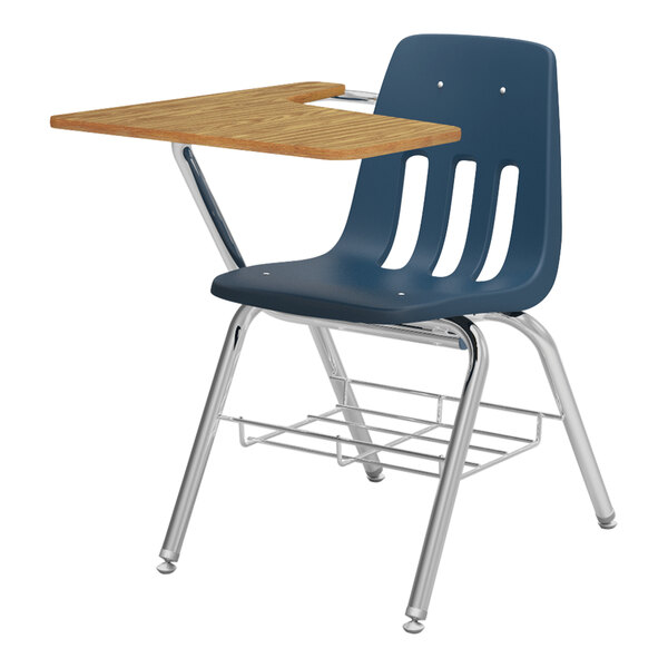 A Virco student desk chair with a medium oak tablet arm and navy shell.