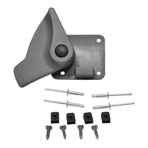 A gray plastic door latch with screws.