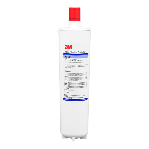 A red 3M water filtration cartridge with white text and a white border.