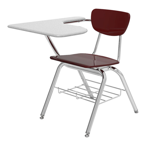 A Virco student desk chair with a wine seat and gray desktop.