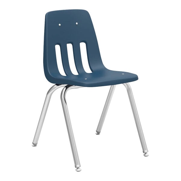 A navy blue Virco student chair with silver legs.