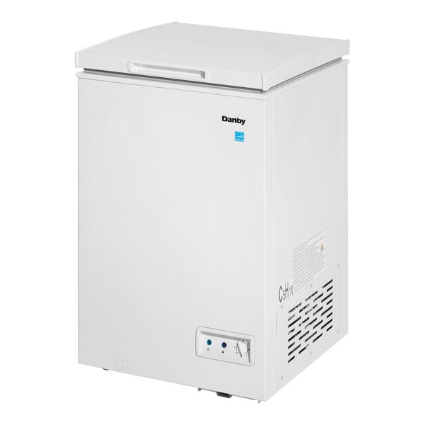 A white rectangular Danby chest freezer with a lid.
