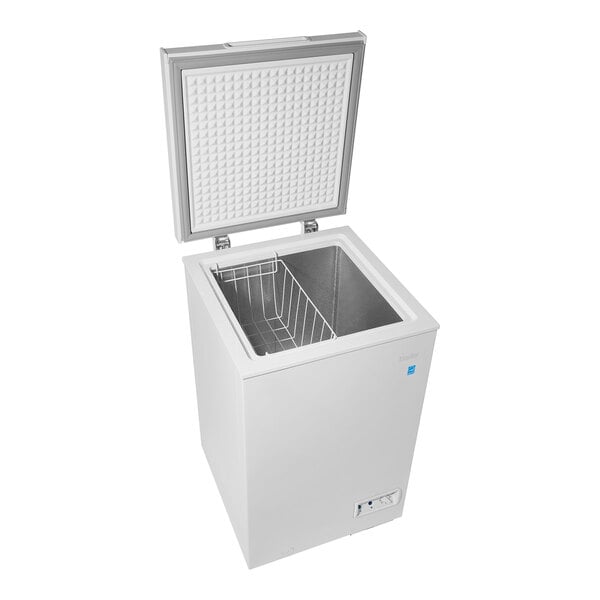 A white Danby chest freezer with the lid open.