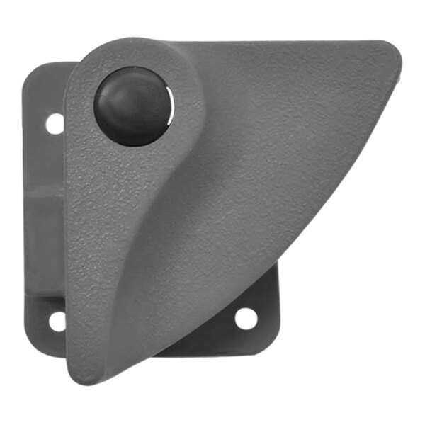 A grey plastic rectangular latch with a round black button.