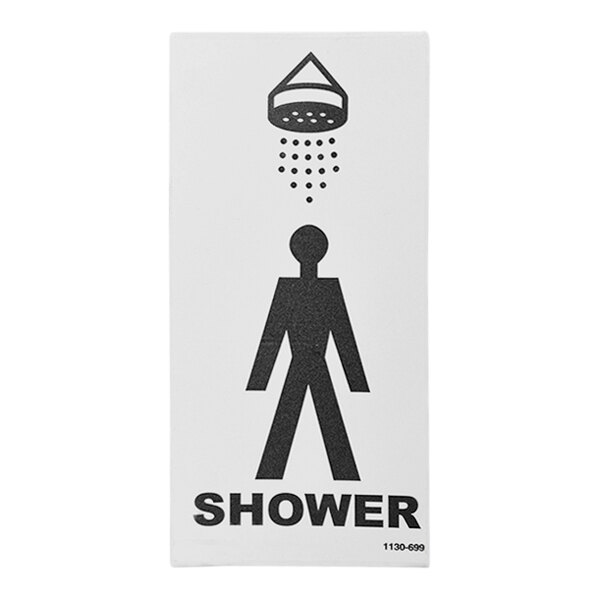 A Satellite Industries shower decal with a person under a shower head.