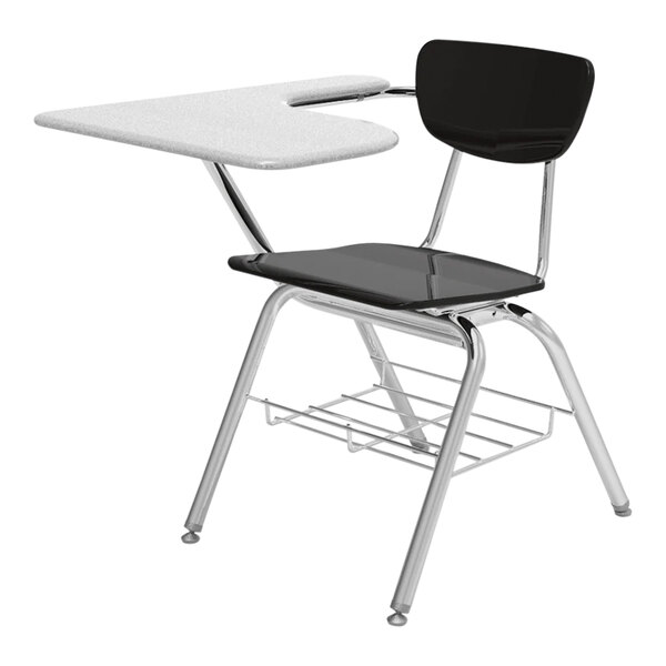 A Virco gray student desk with black tablet arm.