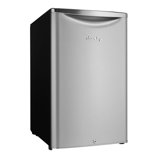 A silver Danby reach-in refrigerator with black and silver trim.