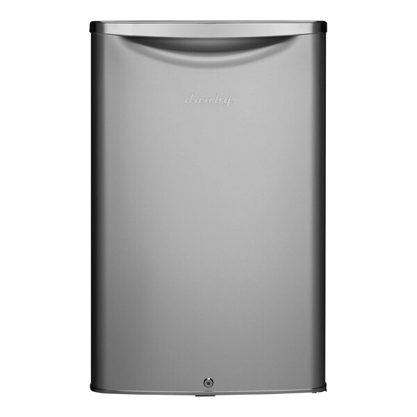 A Danby Iridium Silver refrigerator with a solid door open.