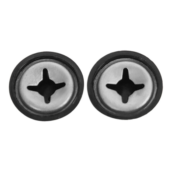 Two black and silver Satellite Industries push caps with holes on a white background.