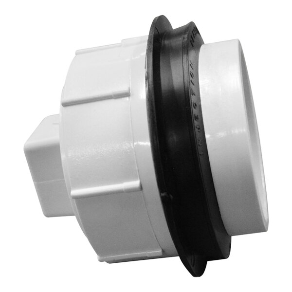 A white plastic Satellite Industries spigot with black rubber rings.