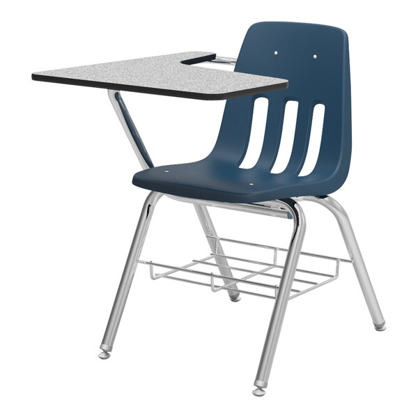 A blue Virco student desk chair with a gray tablet arm and underseat book rack.