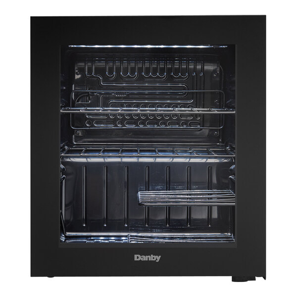 A black Danby countertop wine cooler with a glass door and metal shelves, designed to hold up to 16 bottles.