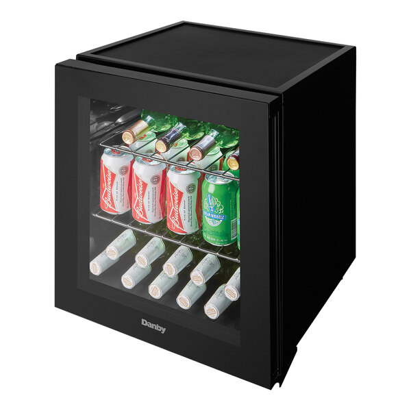 A black Danby countertop wine cooler with a glass door, shown stocked with bottles and cans.
