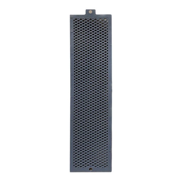 A close-up of a grey rectangular plastic panel with holes in it.