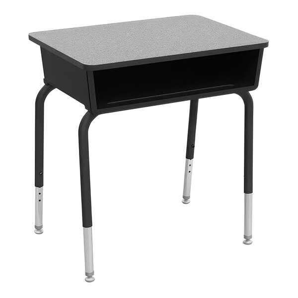 A grey plastic open-front school desk with a black top.