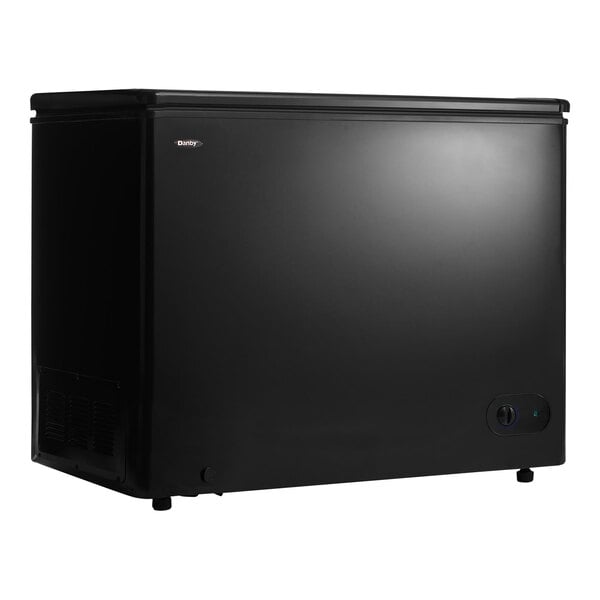 A black rectangular Danby chest freezer.
