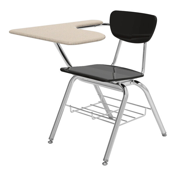 A black and tan Virco 3000 Series student desk with a black seat.