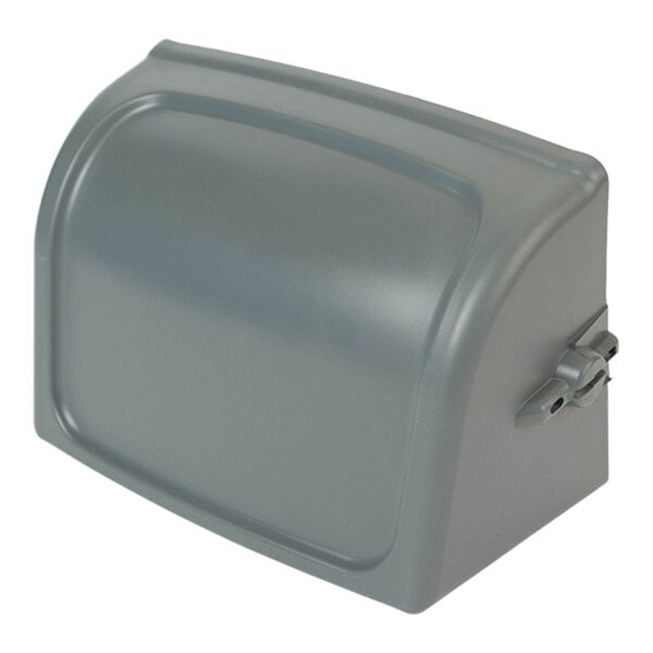 A close-up of a grey Satellite Industries Paperguard 2-Roll Toilet Paper Dispenser Hood