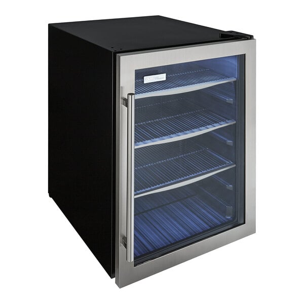 A stainless steel glass door beverage refrigerator with a towel bar handle and multiple wire shelves.
