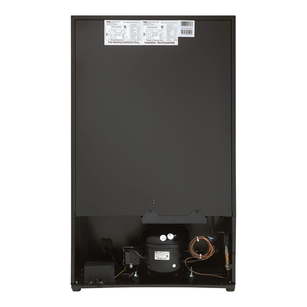 A black beverage refrigerator shown from the back, displaying its compressor and wiring components at the bottom.