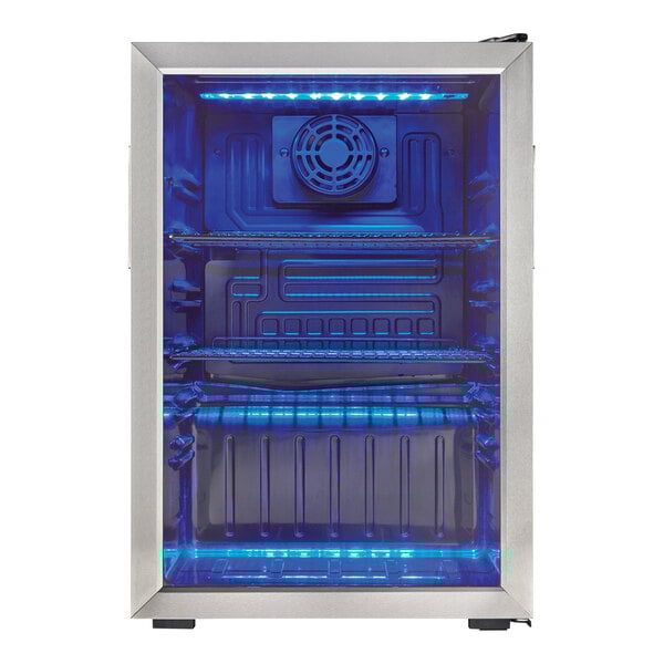 A stainless steel glass door beverage refrigerator with blue interior lighting and two wire shelves.