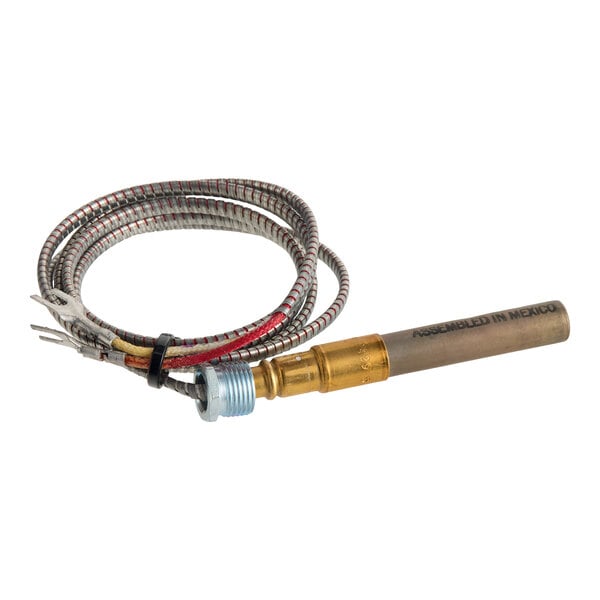 A metal thermopile sensor with a coiled wire and connector, used for temperature measurement or control in appliances.