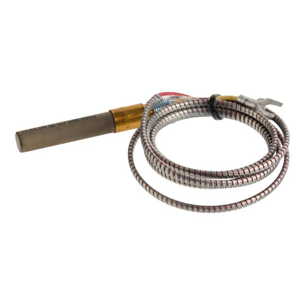 A metal thermopile sensor with a coiled, flexible lead and a connector at the end.