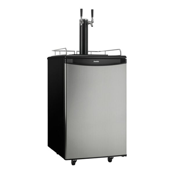A stainless steel Danby beer dispenser with black accents.