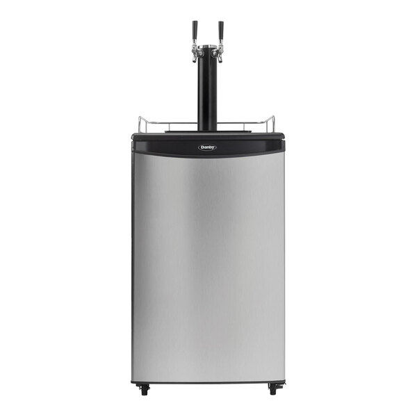 A stainless steel Danby beer dispenser with a black top.