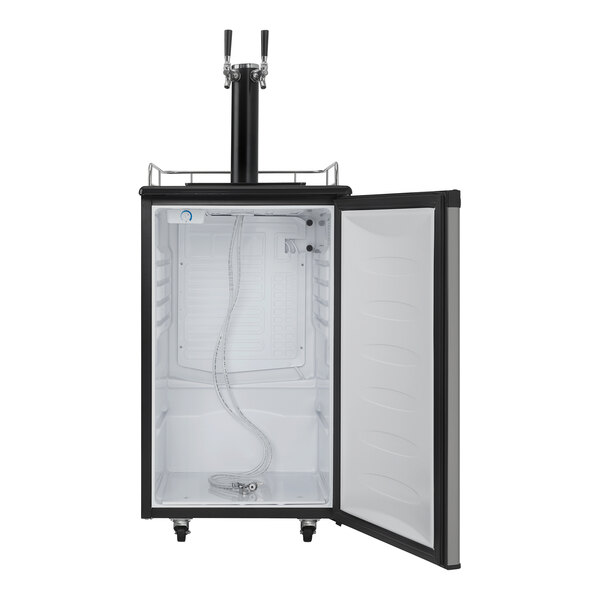 A stainless steel Danby beer dispenser with two open doors.