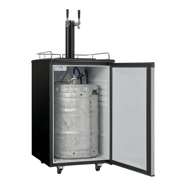 A black and silver Danby beer keg dispenser with a door open.