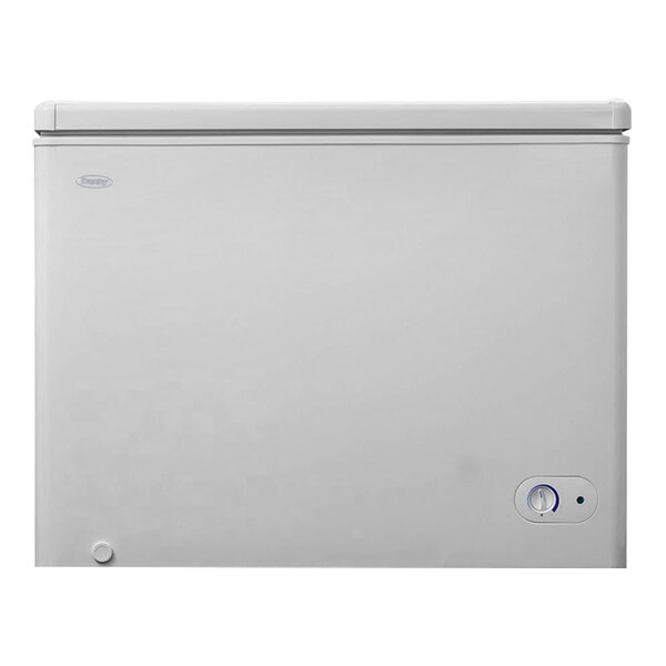 A white Danby chest freezer.